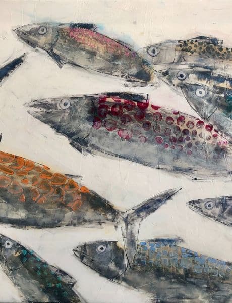 Fische dargestellt im Schwarm und in Acrylfarben -maritime Kunst von Andrea Warpakowski